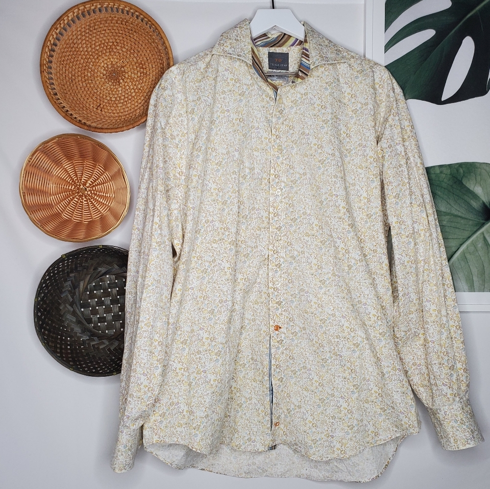 Thomas Dean Floral Button Up Shirt Flip Cuff Boho Retro